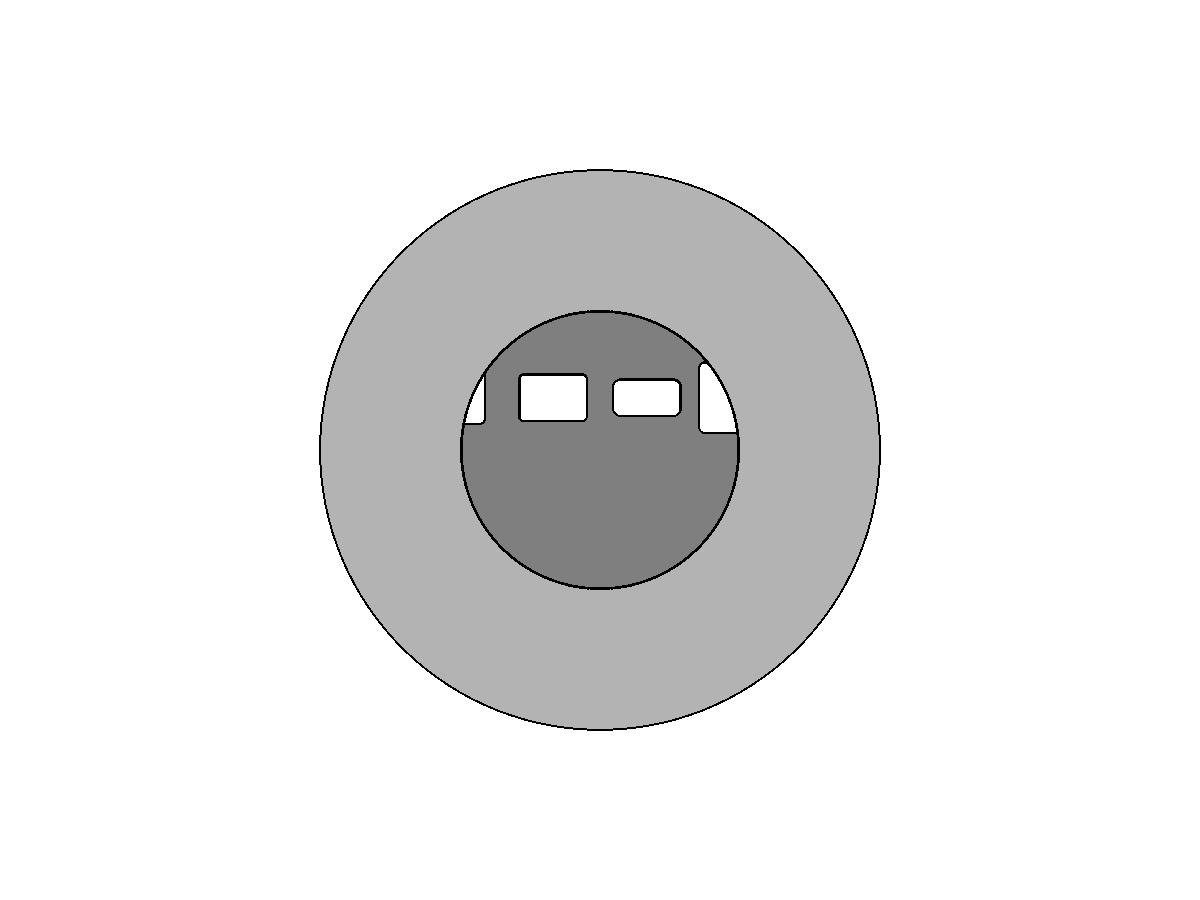 CAD render of the VESSEL enclosure, front view: the round bezel with its circular display window, empty for now, and the rear-plate connector cutouts visible through it