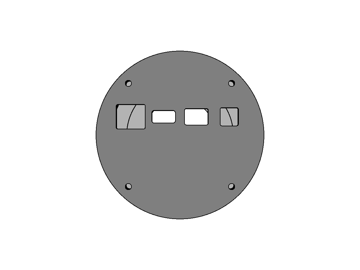 CAD render of the VESSEL enclosure, rear view: the rear plate with RJ45, USB, RS-232 and EPO cutouts and its four corner screw-clearance holes